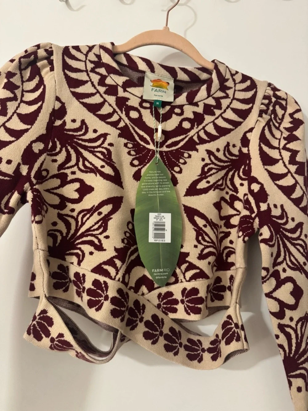 Never Used - FARM Rio Burgundy & Cream Floral Jacquard Crop Sweater - Picture 4 of 5